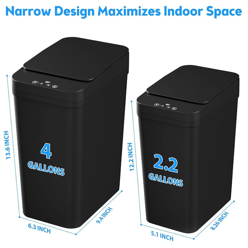 KOEYLE Bathroom Trash Can with Lid, 2 Pack 4 & 2.2 Gallon Automatic Touchless Garbage Can, Small Motion Sensor Smart Trash Can, Slim Waterproof Trash Bin for Bedroom, Bathroom, Office, Living Room (Black) - Image 3